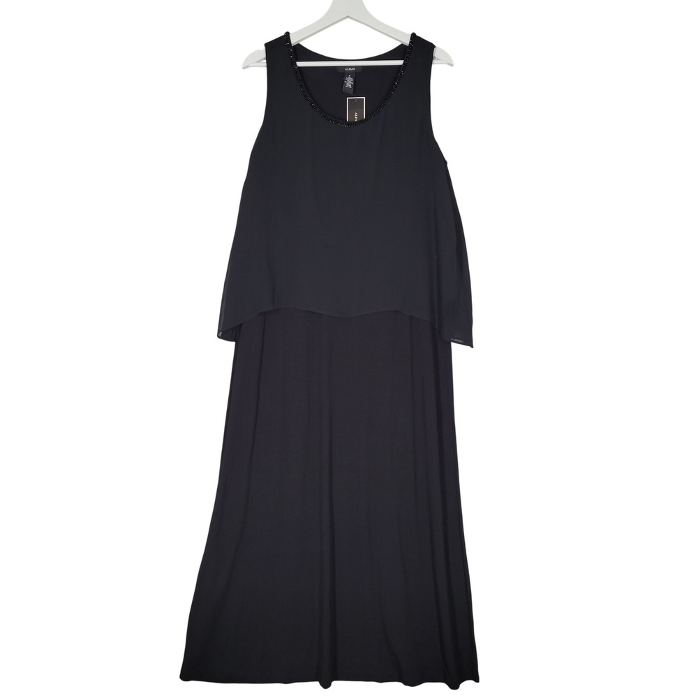 Alfani Popover Maxi Dress Womens Small Black Beaded Neckline Chiffon Overlay NEW